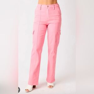 Judy Blue Pretty in Pink High Rise Cargo Straight Leg Jeans Size 22w